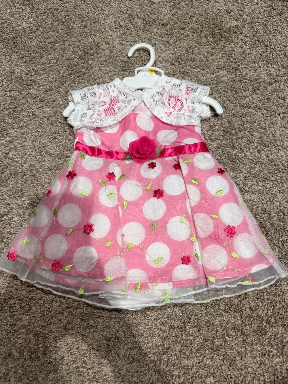 Pink Polka Dot Floral Toddler Dress with Lace Collar